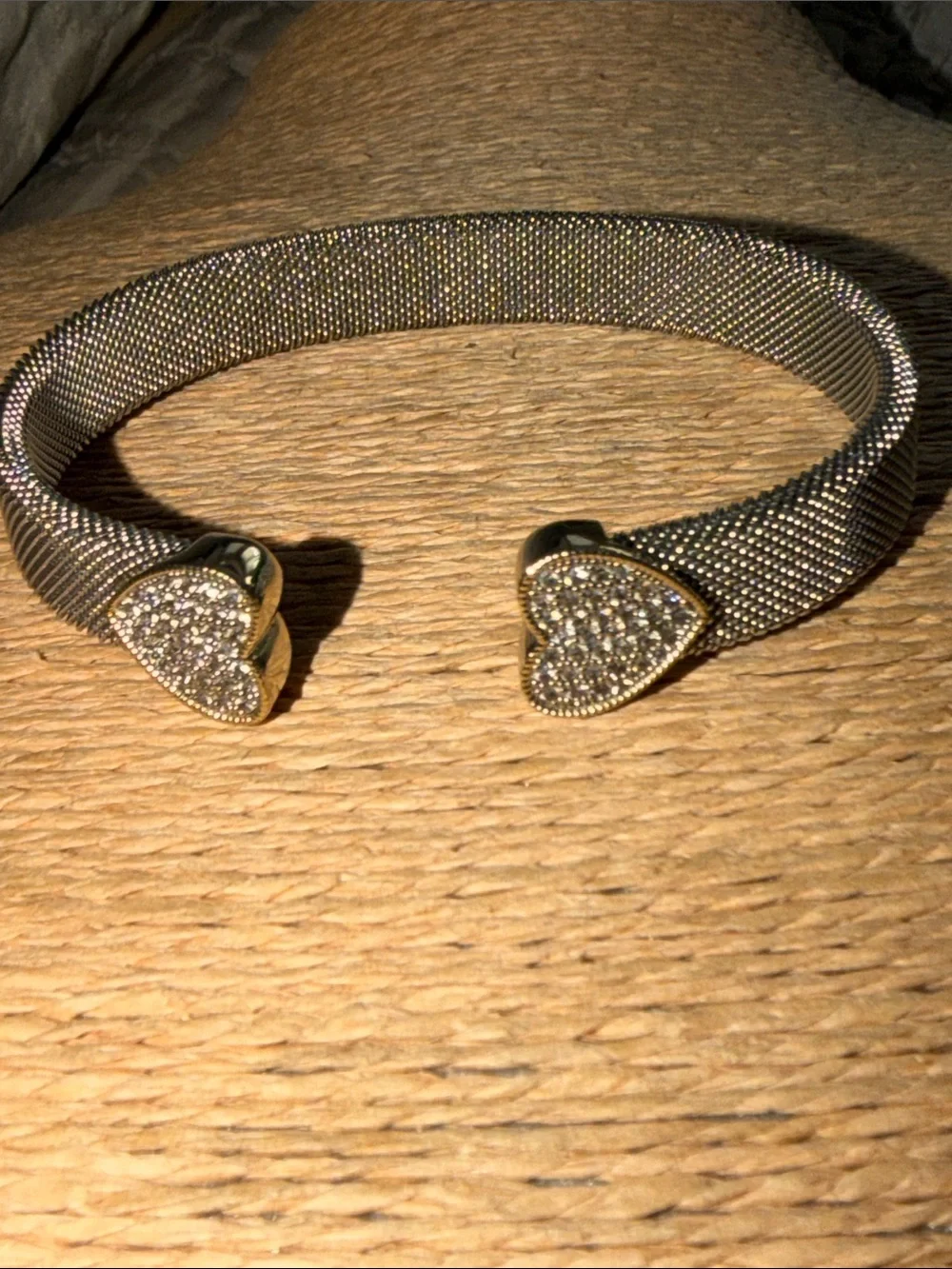 Bracelet two hearts with pave crystals silver mesh finish cuff style